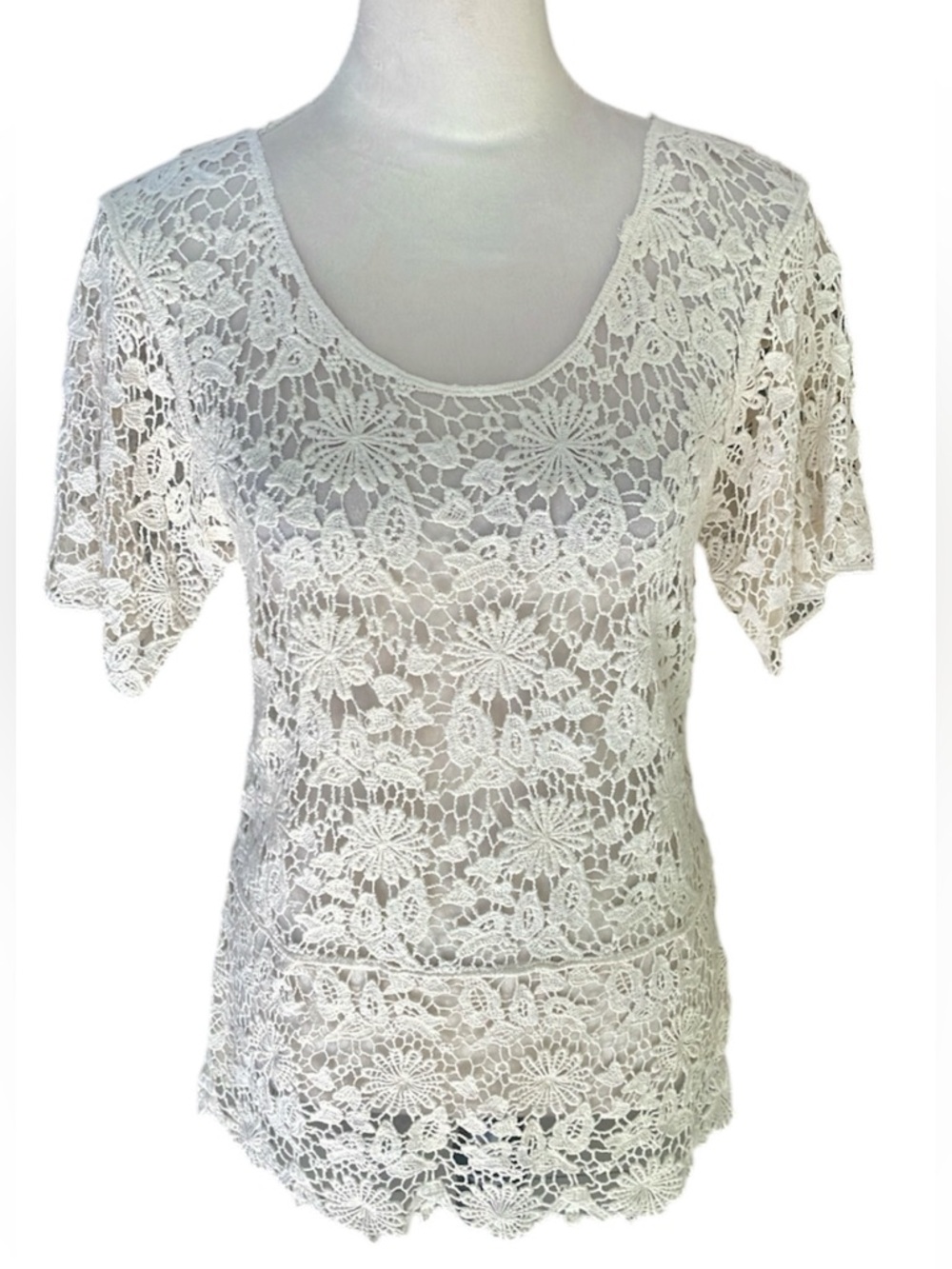 SJS Y2K  Cream  Floral Lace Short Sleeve Women's Crochet Top | Boho | Festival